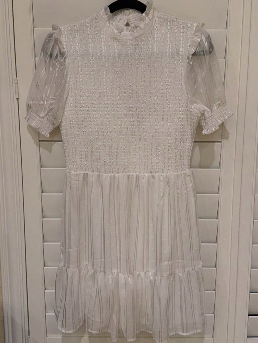 Girls' White Smocked Bodice Ruffle Dress with Puff Sleeves